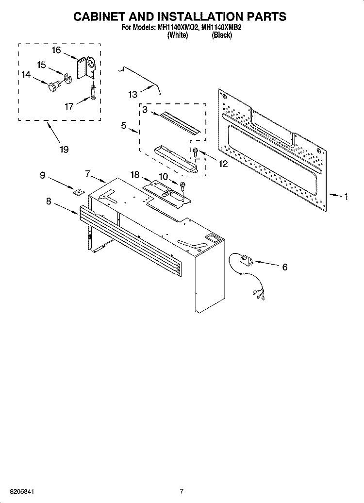 CABINET AND INSTALLATION PARTS Diagram and Parts List for MH1140XMQ2  Whirlpool Microwave