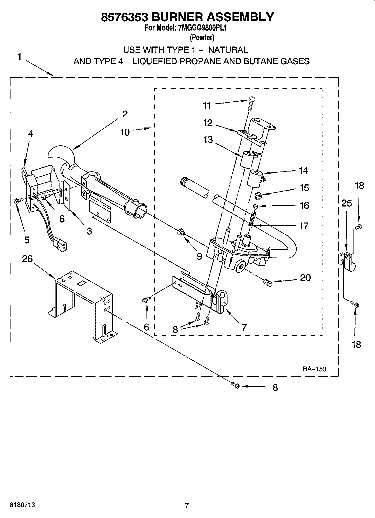 8576353 BURNER ASSEMBLY, OPTIONAL PARTS (NOT INCLUDED) Diagram and Parts List for 7MGGQ9800PL1  Whirlpool Dryer