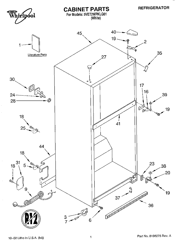 CABINET, LITERATURE Diagram and Parts List for 5VET2WPKLQ01  Whirlpool Refrigerator