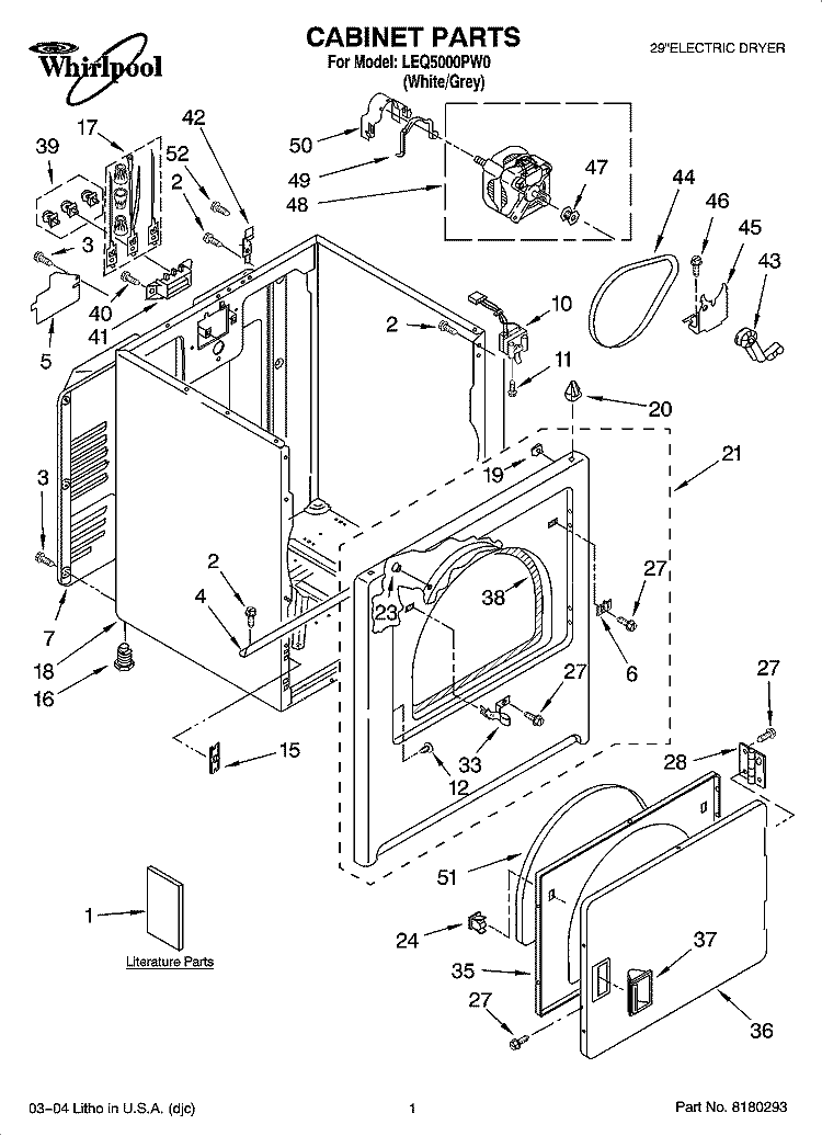 CABINET PARTS Diagram and Parts List for LEQ5000PW0  Whirlpool Dryer