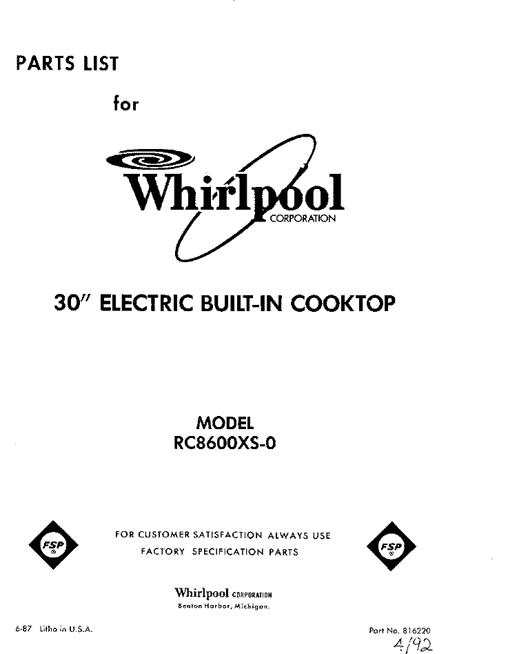 SECTION Diagram and Parts List for RC8600XS0  Whirlpool Cooktop