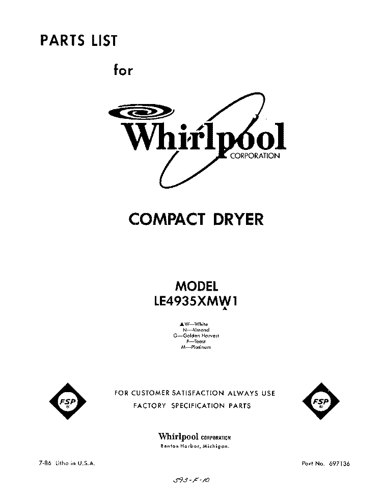 SECTION Diagram and Parts List for LE4935XMW1  Whirlpool Dryer