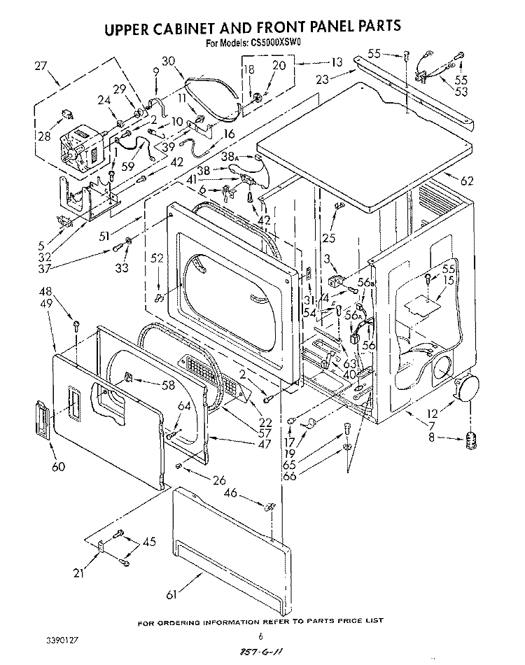 UPPER CABINET AND FRONT PANEL Diagram and Parts List for CS5000XSW0  Whirlpool Dryer