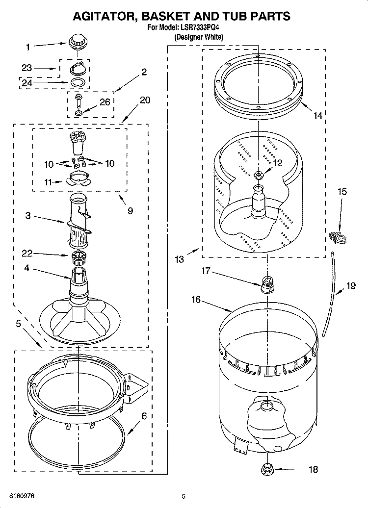 AGITATOR, BASKET AND TUB PARTS Diagram and Parts List for LSR7333PQ4  Whirlpool Washer