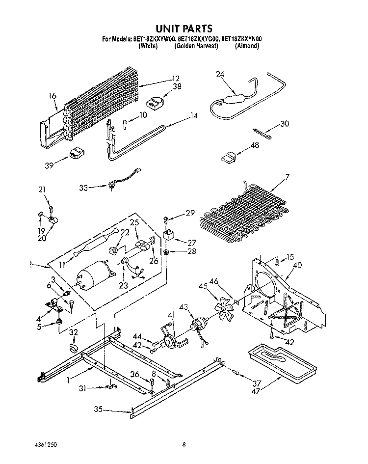 UNIT Diagram and Parts List for 8ET18ZKXYG00  Whirlpool Refrigerator