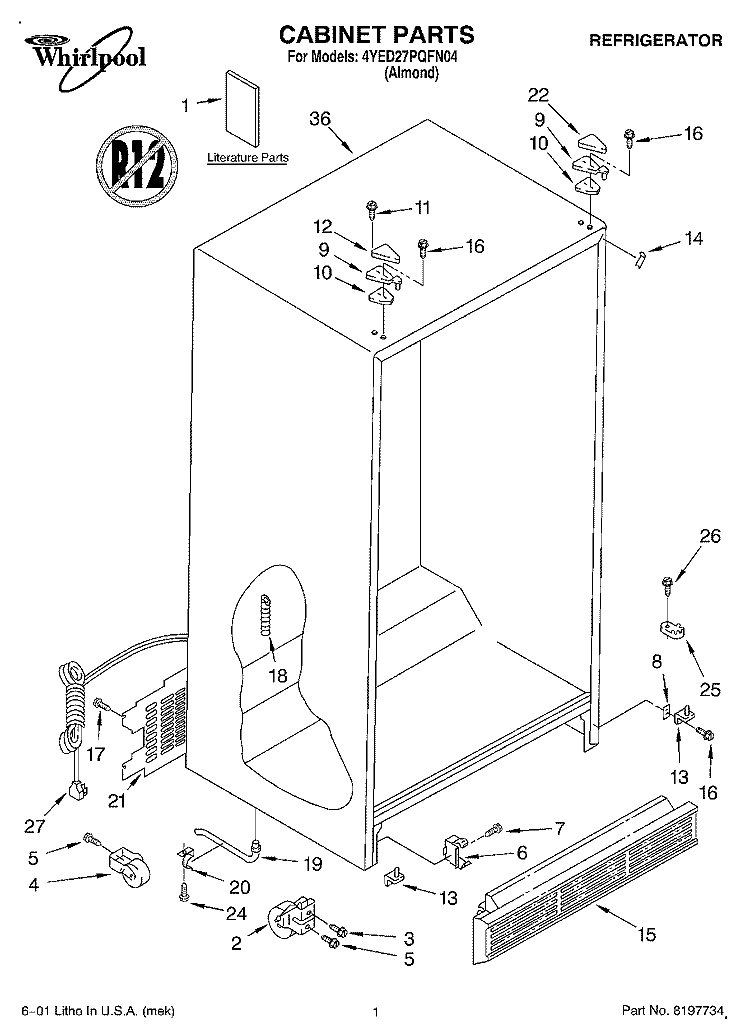 CABINET, LITERATURE Diagram and Parts List for 4YED27PQFN04  Whirlpool Refrigerator