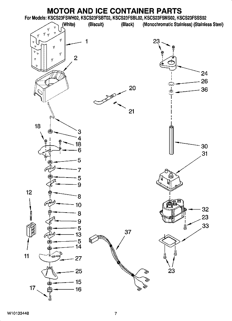 MOTOR AND ICE CONTAINER PARTS Diagram and Parts List for KSCS23FSBL02  KitchenAid Refrigerator