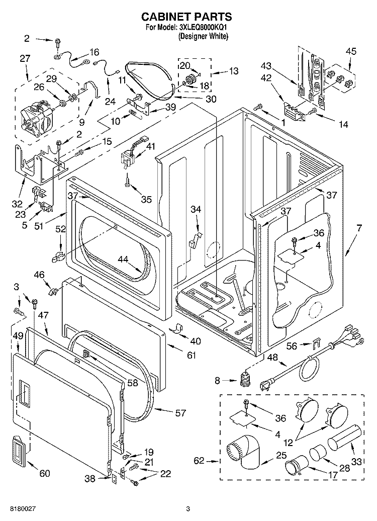 CABINET PARTS Diagram and Parts List for 3XLEQ8000KQ1  Whirlpool Dryer