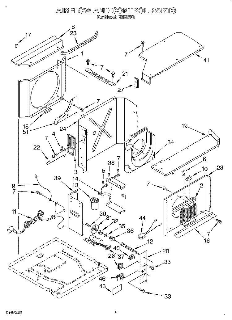 AIRFLOW AND CONTROL Diagram and Parts List for RH203F0  Whirlpool Air Conditioner