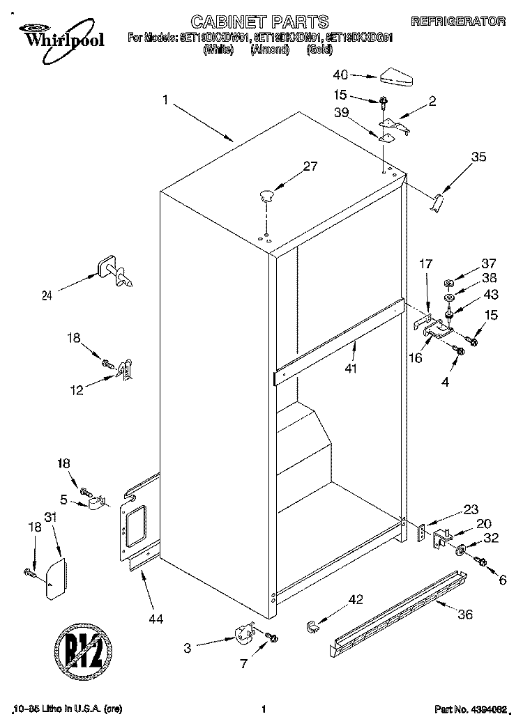CABINET Diagram and Parts List for 8ET19DKXDG01  Whirlpool Refrigerator