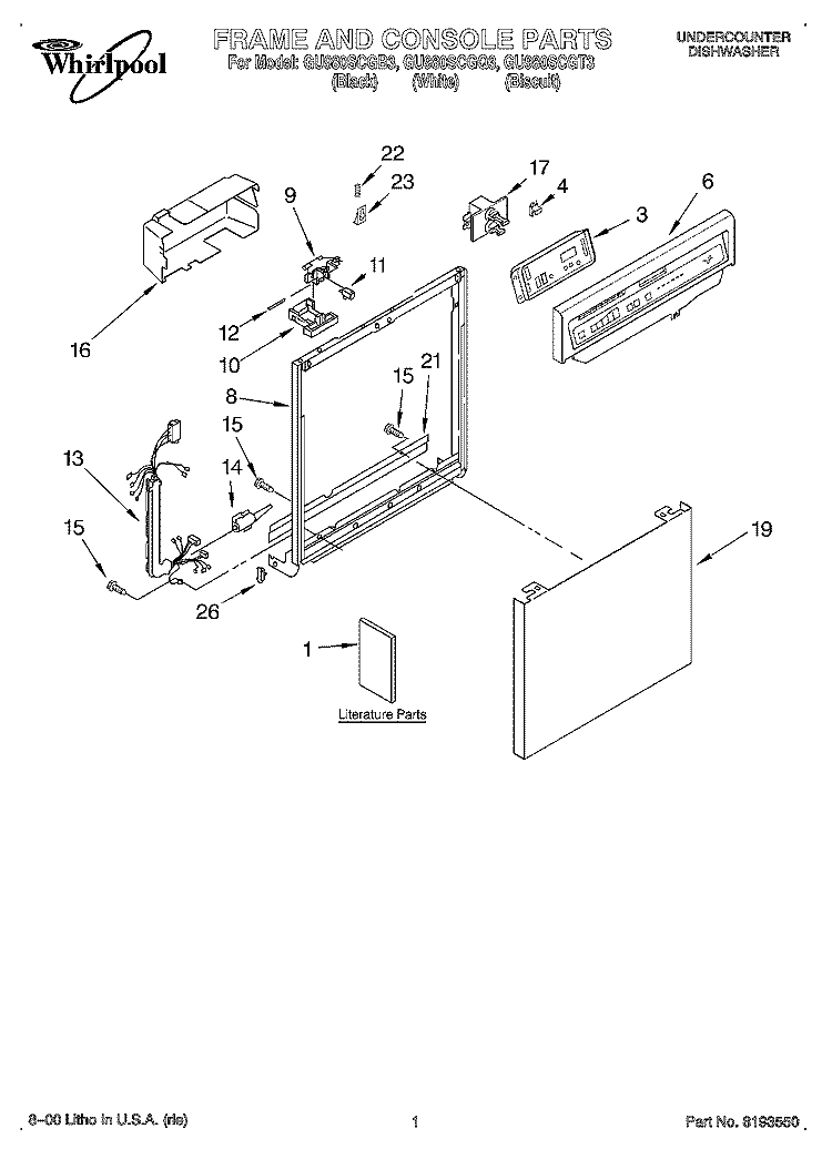 FRAME AND CONSOLE, LITERATURE Diagram and Parts List for GU980SCGQ3  Whirlpool Dishwasher