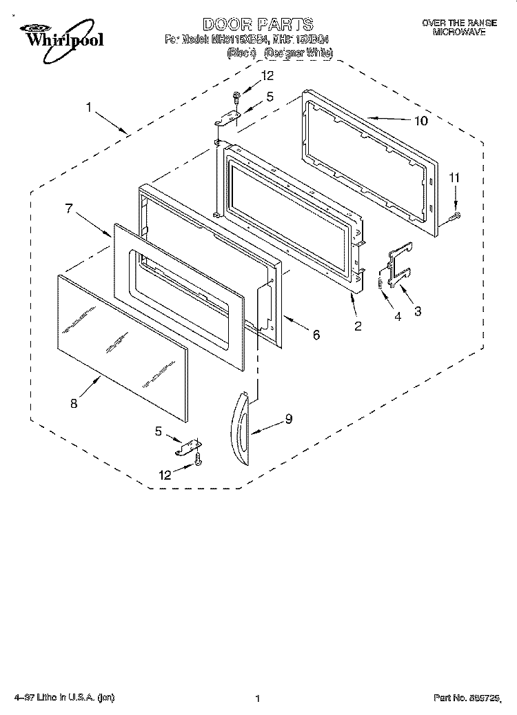 DOOR Diagram and Parts List for MH9115XBQ4  Whirlpool Microwave