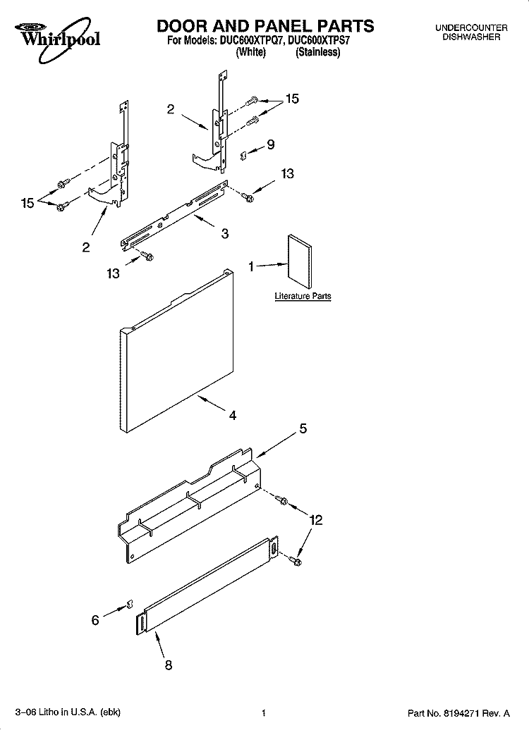 DOOR AND PANEL PARTS Diagram and Parts List for DUC600XTPS7  Whirlpool Dishwasher