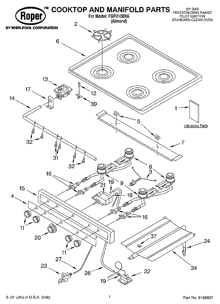 COOKTOP AND MANIFOLD, LITERATURE Diagram and Parts List for FGP210EN6  Roper Range