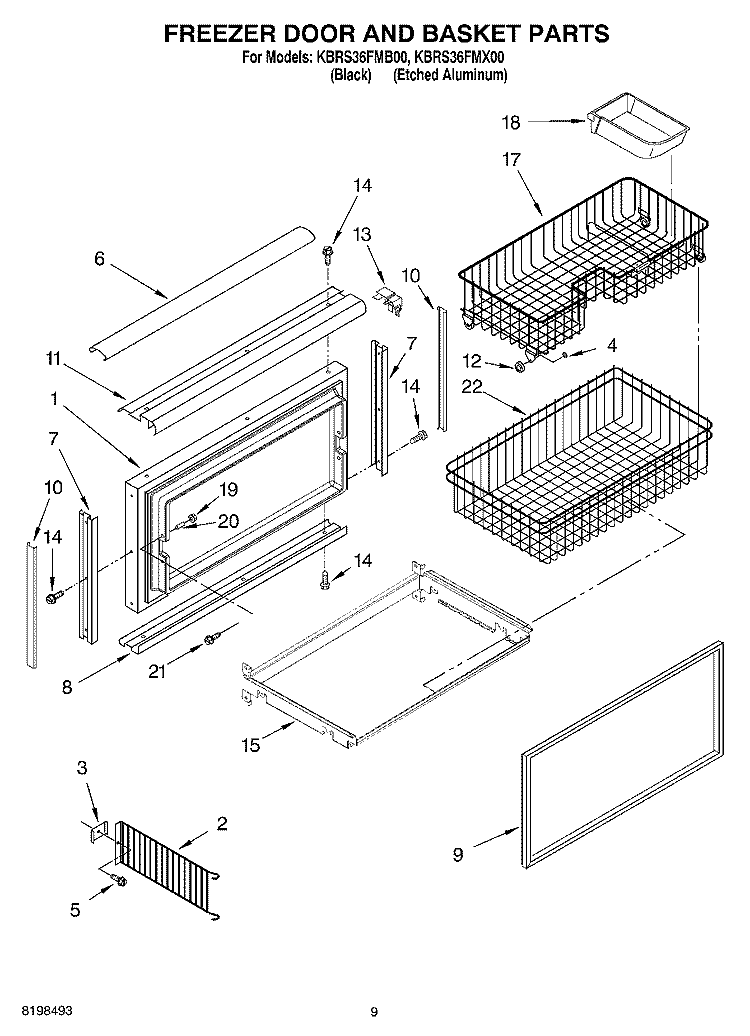 FREEZER DOOR AND BASKET PARTS Diagram and Parts List for KBRS36FMB00  KitchenAid Refrigerator