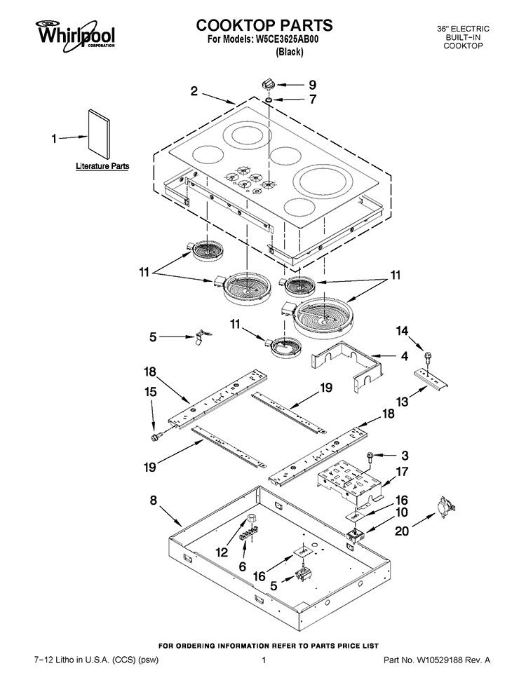 COOKTOP PARTS Diagram and Parts List for W5CE3625AB00  Whirlpool Cooktop