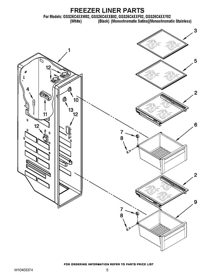 FREEZER LINER PARTS Diagram and Parts List for GSS26C4XXF02  Whirlpool Refrigerator