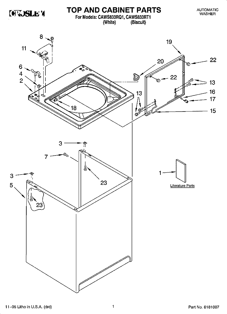TOP AND CABINET PARTS Diagram and Parts List for CAWS833RT1  Crosley Washer