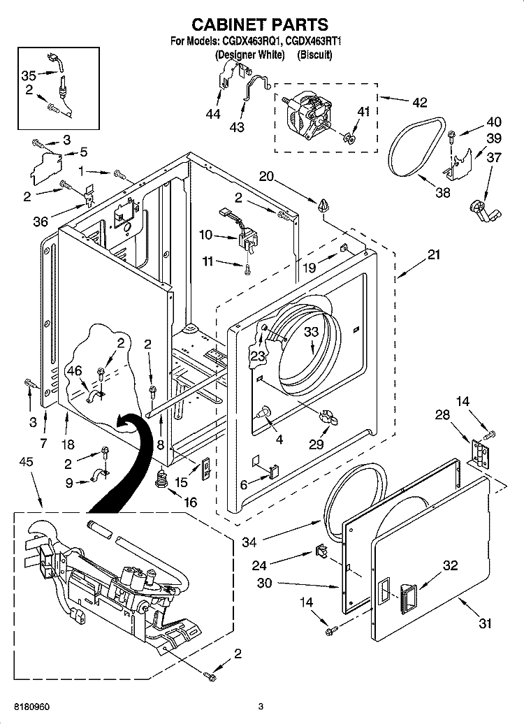 CABINET PARTS Diagram and Parts List for CGDX463RT1  Crosley Dryer