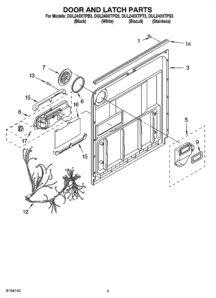 DOOR AND LATCH PARTS Diagram and Parts List for DUL240XTPB3  Whirlpool Dishwasher
