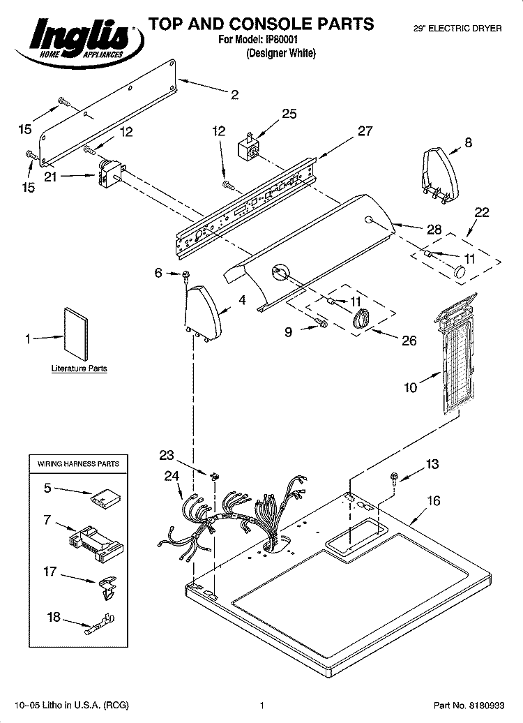 TOP AND CONSOLE PARTS Diagram and Parts List for IP80001  Inglis Dryer