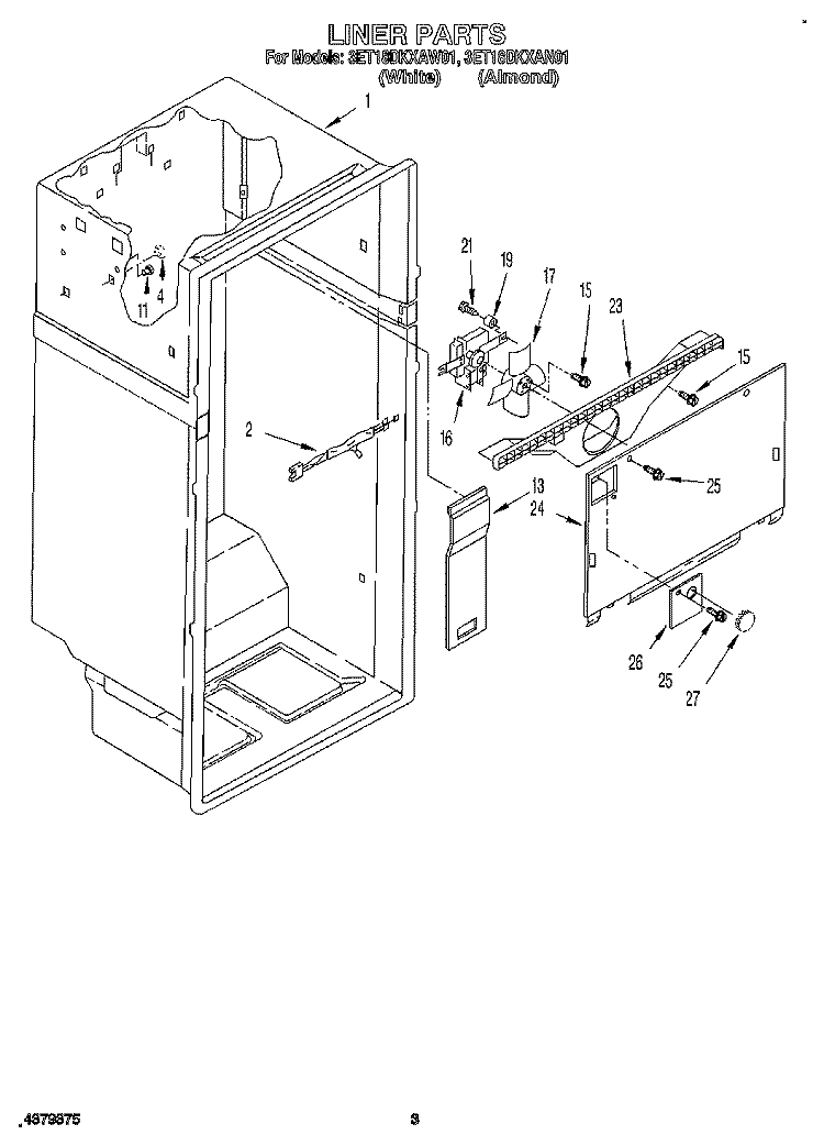 LINER Diagram and Parts List for 3ET18DKXAW01  Whirlpool Refrigerator