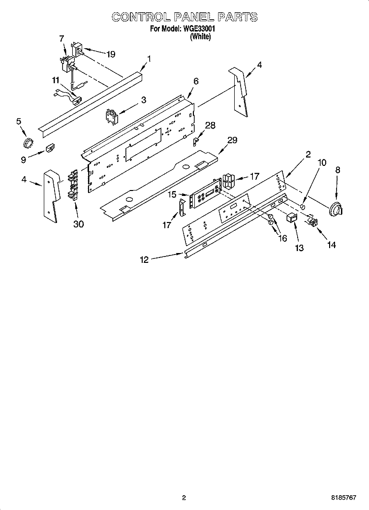 CONTROL PANEL PARTS Diagram and Parts List for WGE33001  Whirlpool Range