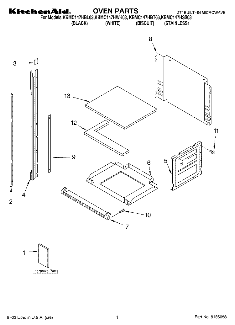 OVEN PARTS Diagram and Parts List for KBMC147HBL03  KitchenAid Microwave Oven Combo