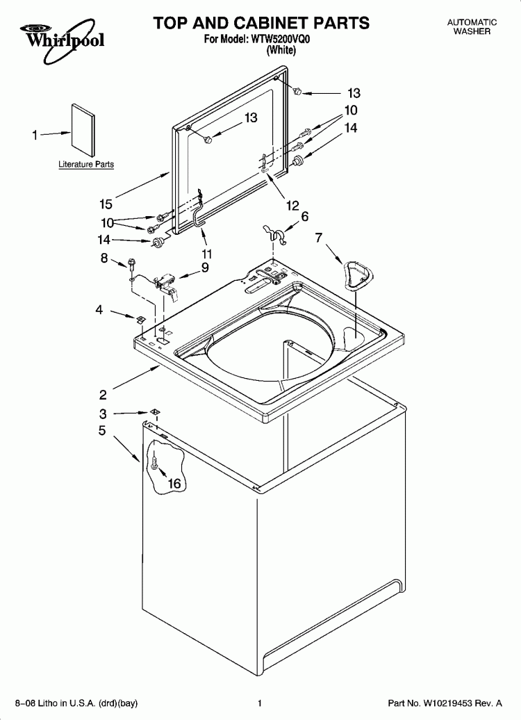 TOP AND CABINET PARTS Diagram and Parts List for WTW5200VQ0  Whirlpool Washer
