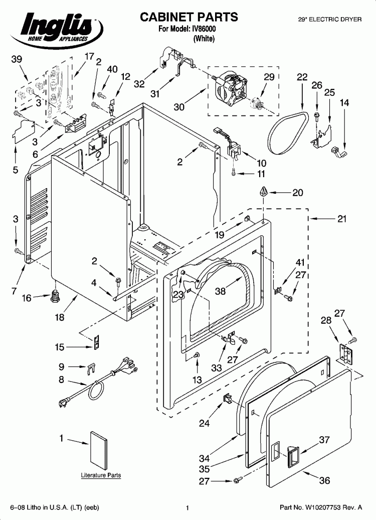 CABINET PARTS Diagram and Parts List for IV86000  Inglis Dryer