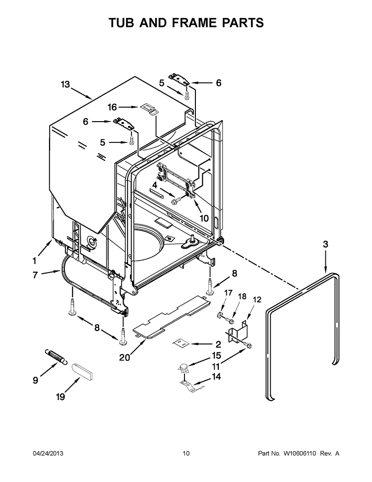 TUB AND FRAME PARTS Diagram and Parts List for WDF735PABM0  Whirlpool Dishwasher