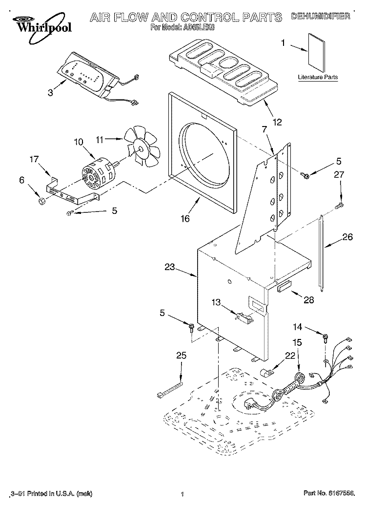 SECTION Diagram and Parts List for AD65LEK0  Whirlpool Dehumidifier