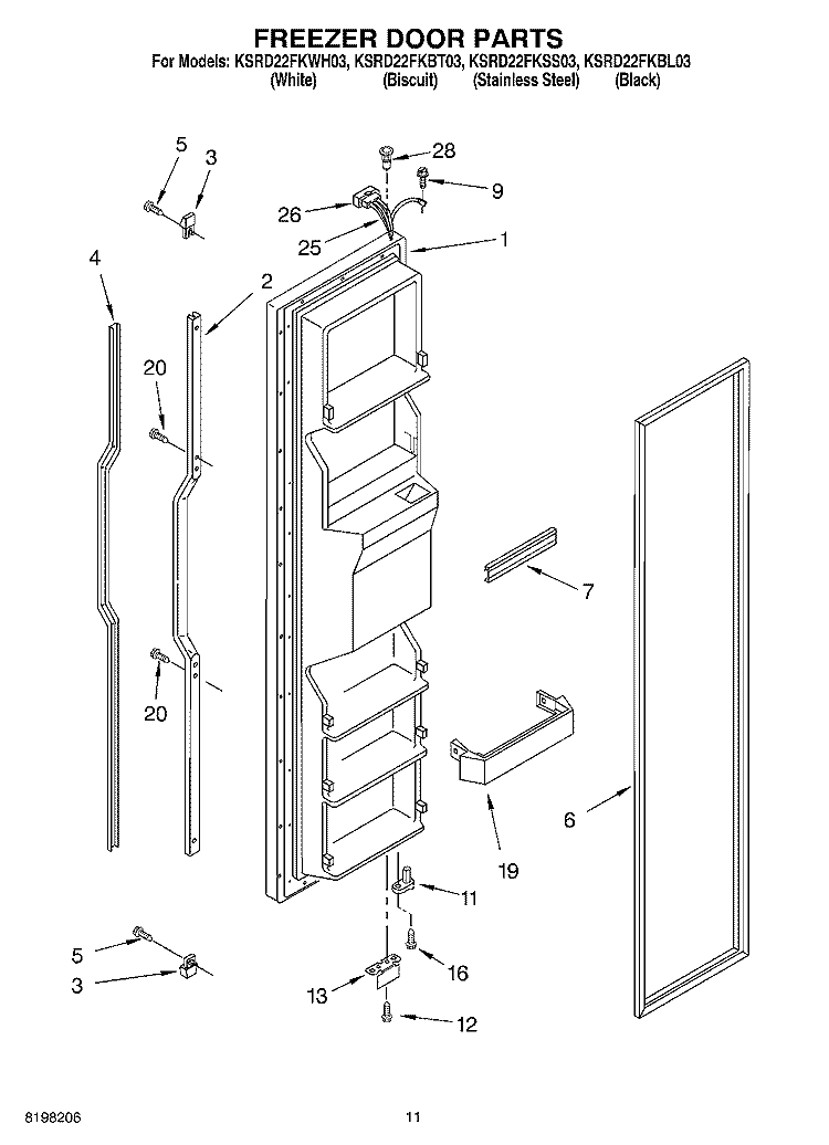 FREEZER DOOR PARTS Diagram and Parts List for KSRD22FKBL03  KitchenAid Refrigerator