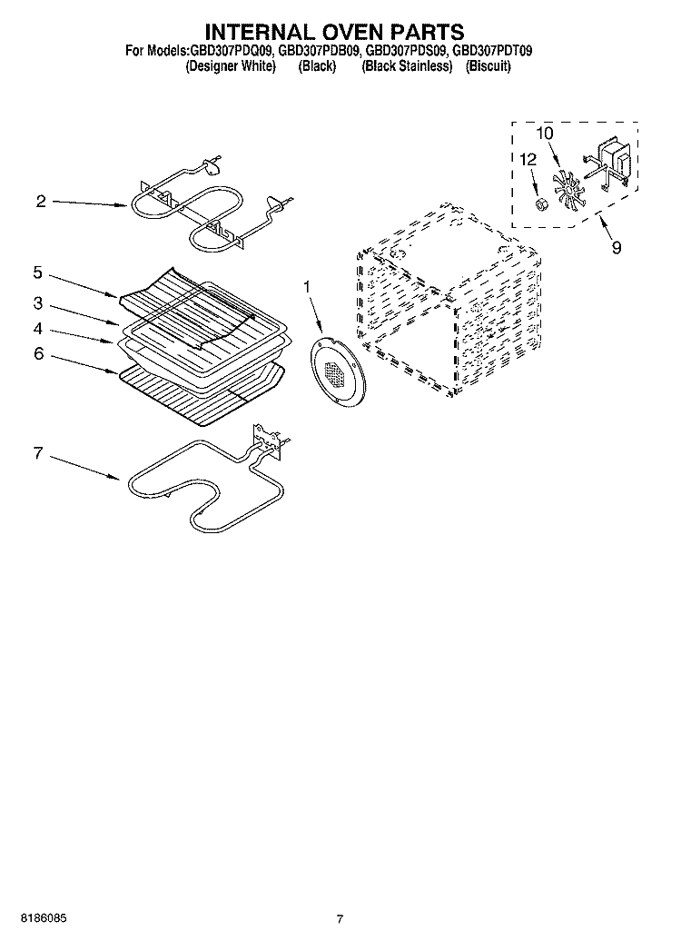 INTERNAL OVEN PARTS Diagram and Parts List for GBD307PDS09  Whirlpool Wall Oven