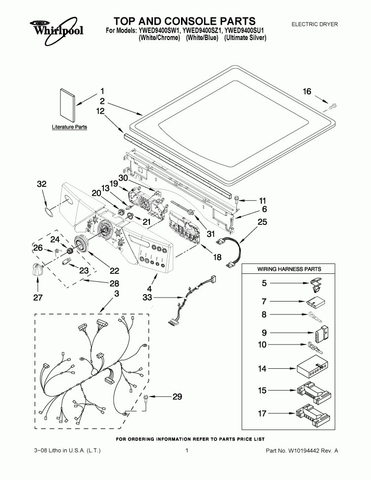 TOP AND CONSOLE PARTS Diagram and Parts List for YWED9400SW1  Whirlpool Dryer