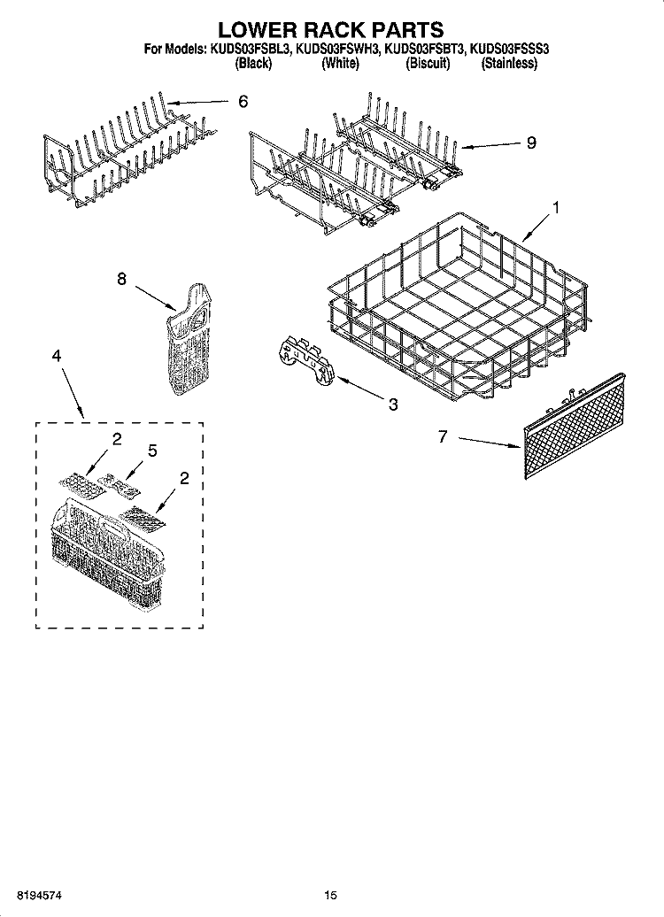 LOWER RACK PARTS, OPTIONAL PARTS (NOT INCLUDED) Diagram and Parts List for KUDS03FSBL3  KitchenAid Dishwasher