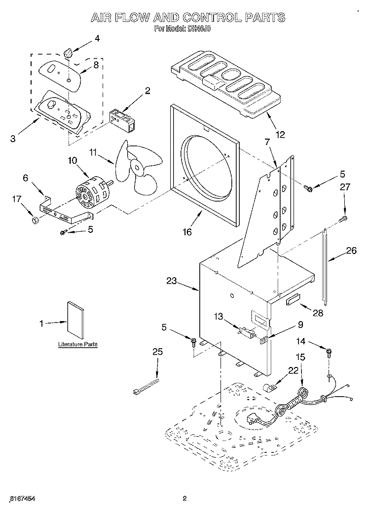 AIR FLOW AND CONTROL, LITERATURE Diagram and Parts List for DH40J0  Whirlpool Dehumidifier