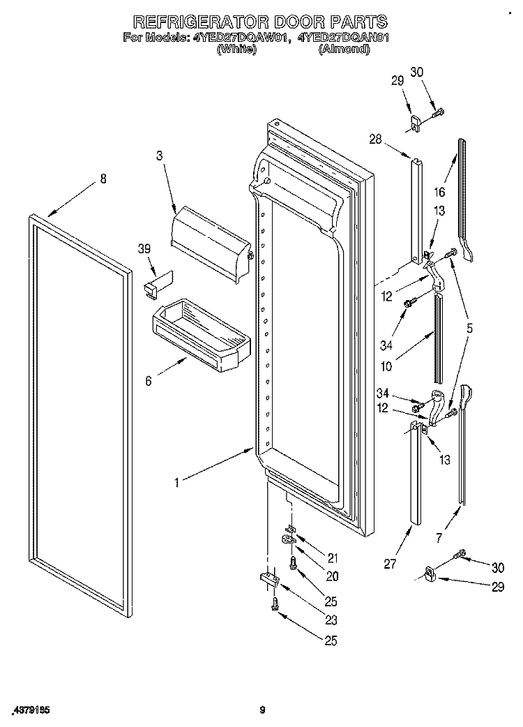 REFRIGERATOR DOOR Diagram and Parts List for 4YED27DQAW01  Whirlpool Refrigerator