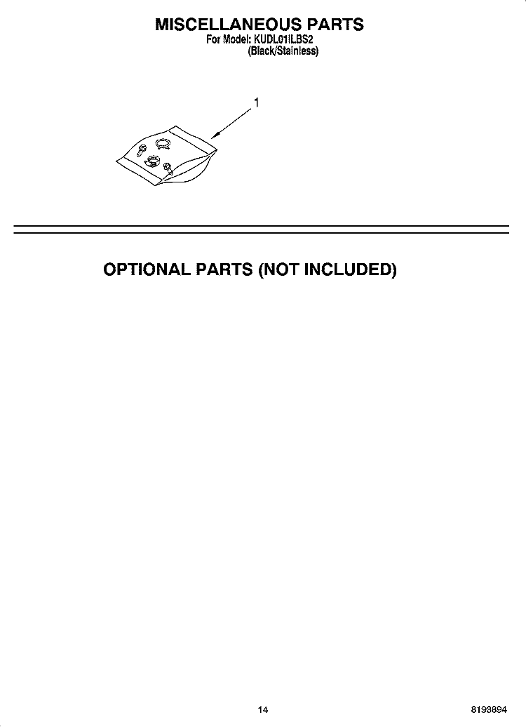 MISCELLANEOUS PARTS OPTIONAL PARTS (NOT INCLUDED) Diagram and Parts List for KUDL01ILBS2  KitchenAid Dishwasher