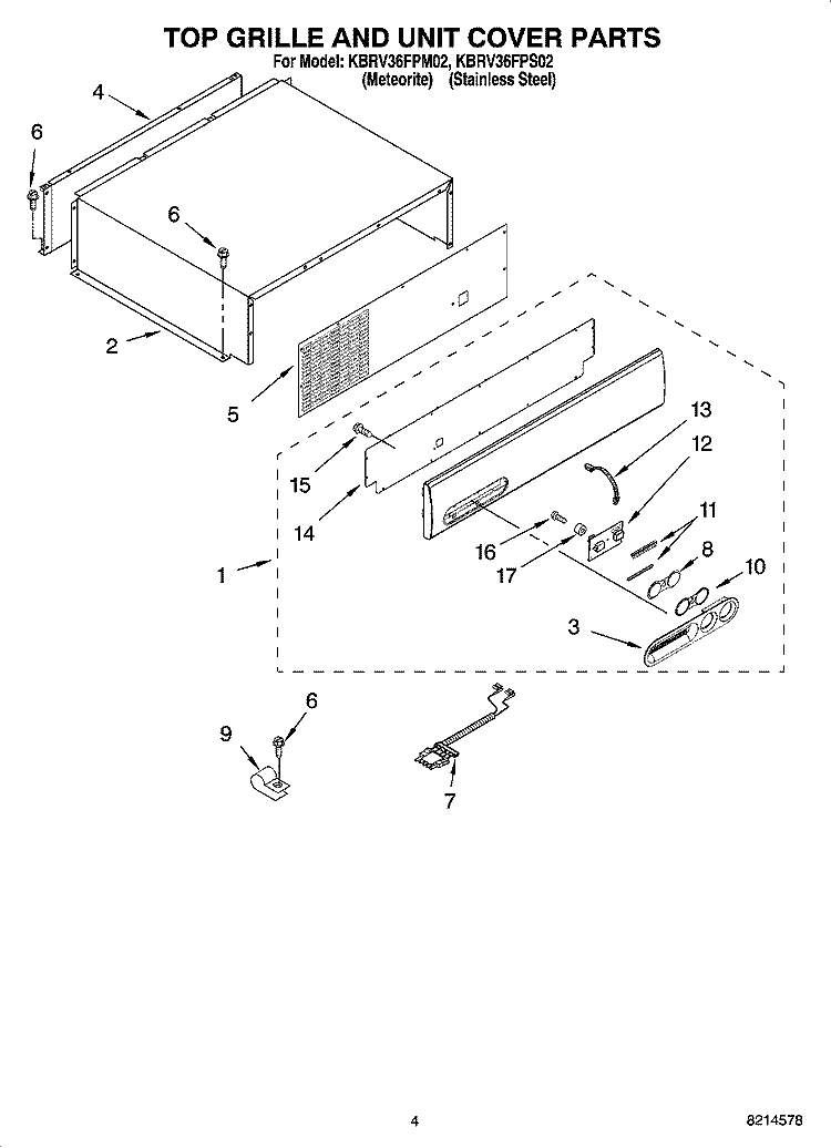 TOP GRILLE AND UNIT COVER PARTS Diagram and Parts List for KBRV36FPM02  KitchenAid Refrigerator