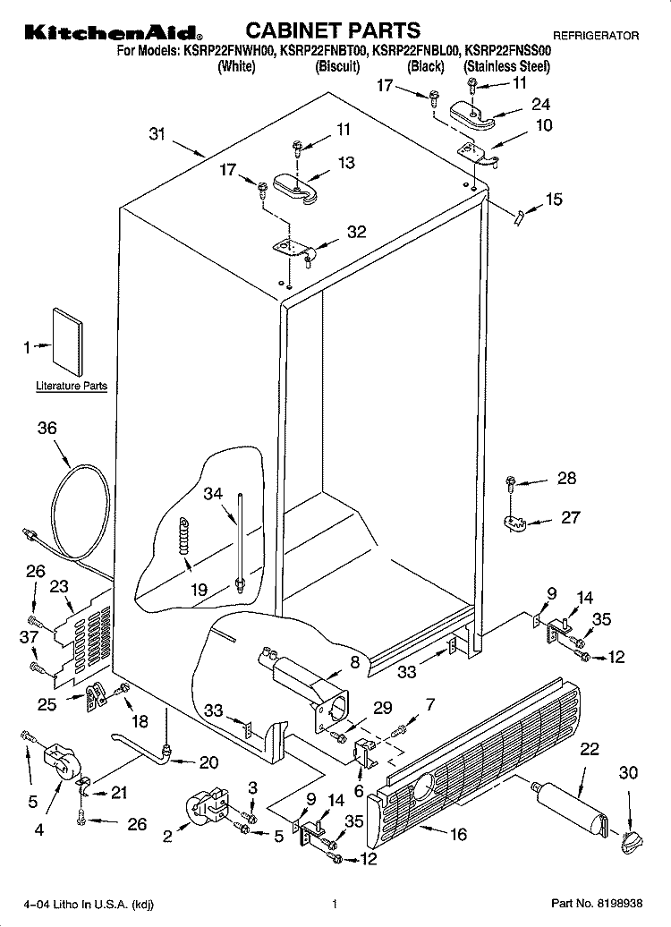 CABINET PARTS Diagram and Parts List for KSRP22FNBT00  KitchenAid Refrigerator
