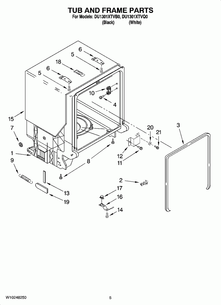 TUB AND FRAME PARTS Diagram and Parts List for DU1301XTVB0  Whirlpool Dishwasher
