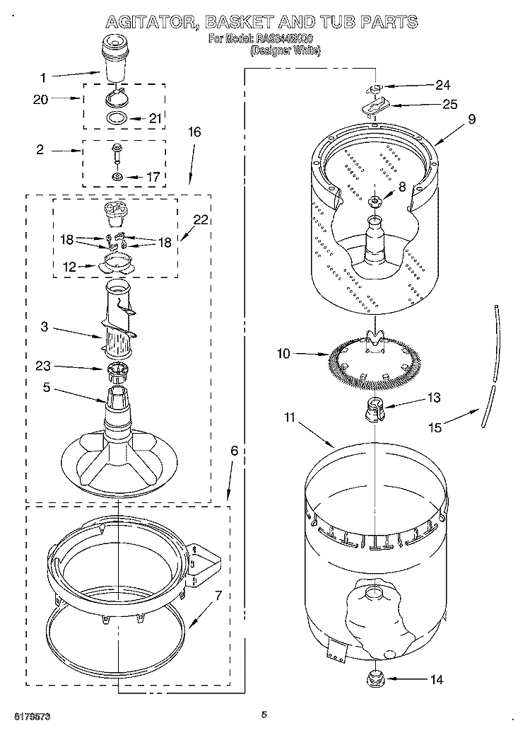 AGITATOR, BASKET AND TUB Diagram and Parts List for RAS8445KQ0  Roper Washer