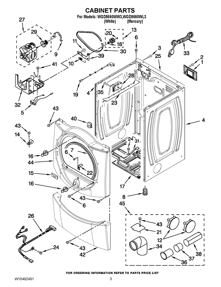 CABINET PARTS Diagram and Parts List for WGD9550WL3  Whirlpool Dryer