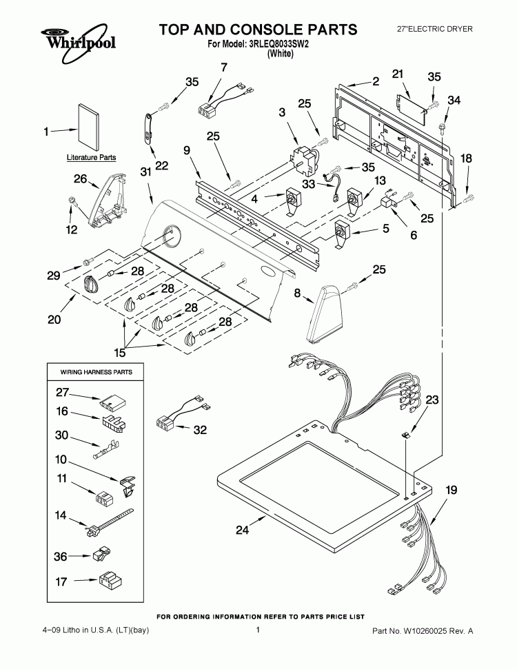TOP AND CONSOLE PARTS Diagram and Parts List for 3RLEQ8033SW2  Whirlpool Dryer