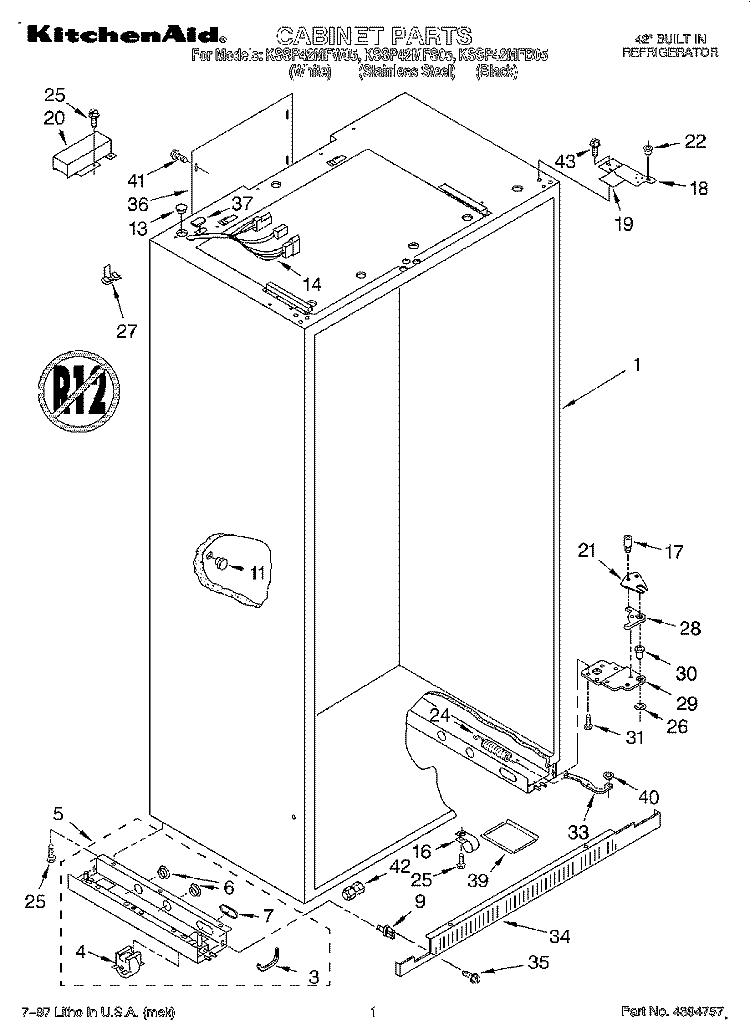CABINET Diagram and Parts List for KSSP42MFB05  KitchenAid Refrigerator