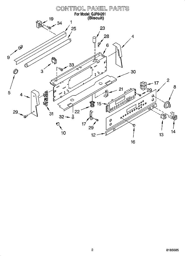 CONTROL PANEL PARTS Diagram and Parts List for GJP84201  Whirlpool Range