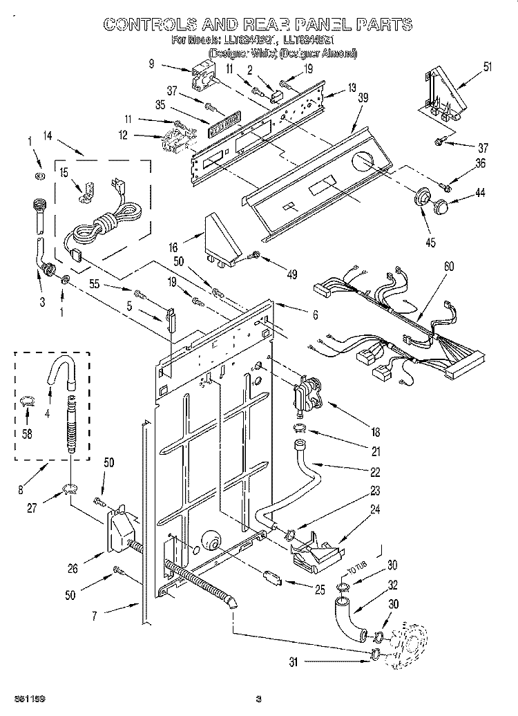 CONTROLS AND REAR PANEL Diagram and Parts List for LLT8244BZ1  Whirlpool Washer