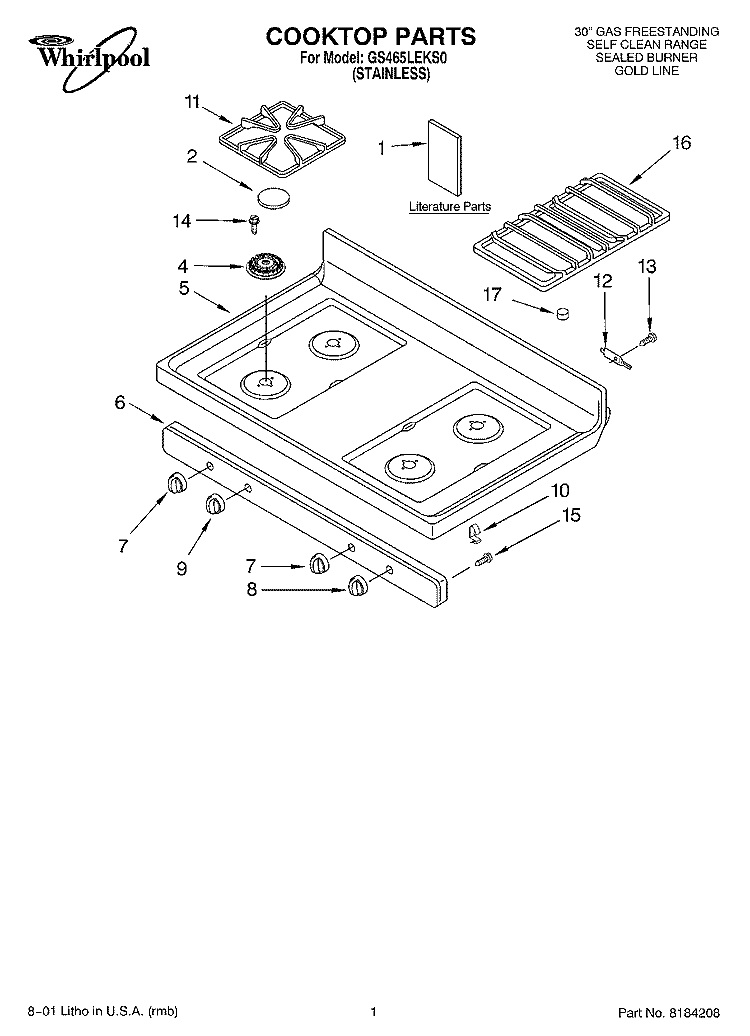 COOKTOP, LITERATURE Diagram and Parts List for GS465LEKS0  Whirlpool Range