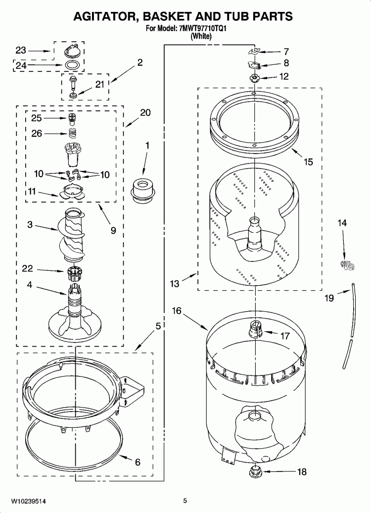 AGITATOR, BASKET AND TUB PARTS Diagram and Parts List for 7MWT97710TQ1  Whirlpool Washer
